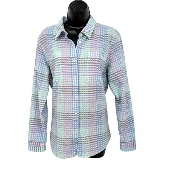 L.L. Bean Check Plaid Women Button Up Shirt L Vacation Seersucker Coastal Retro - Picture 1 of 12